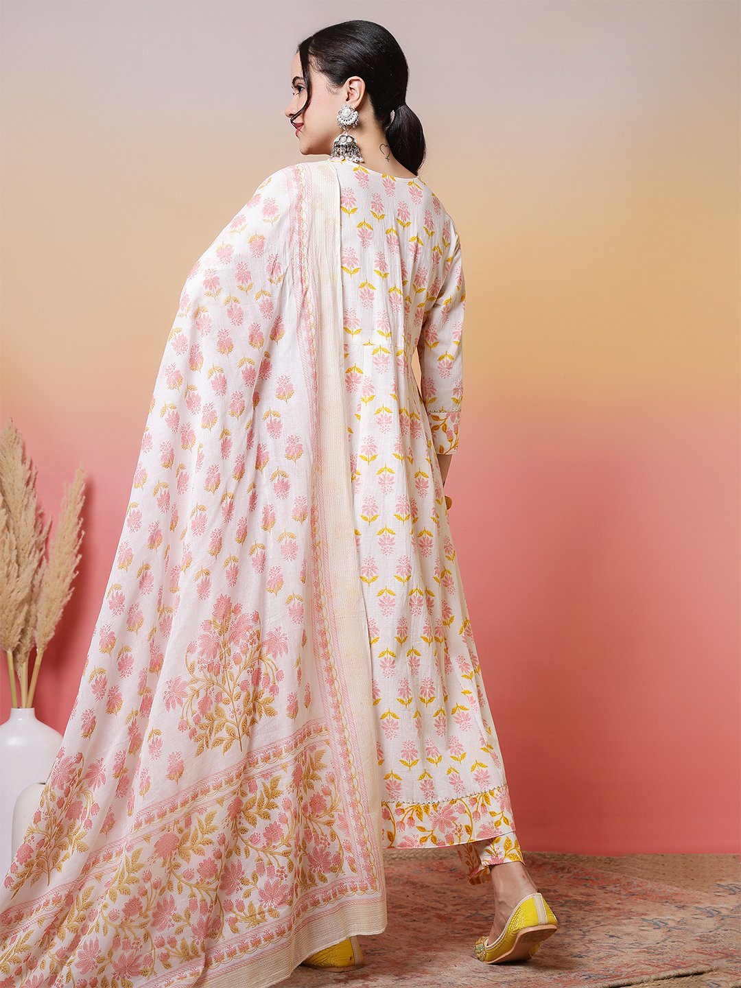 soft white and pastel pink yellow floral block print anarkali suit set
