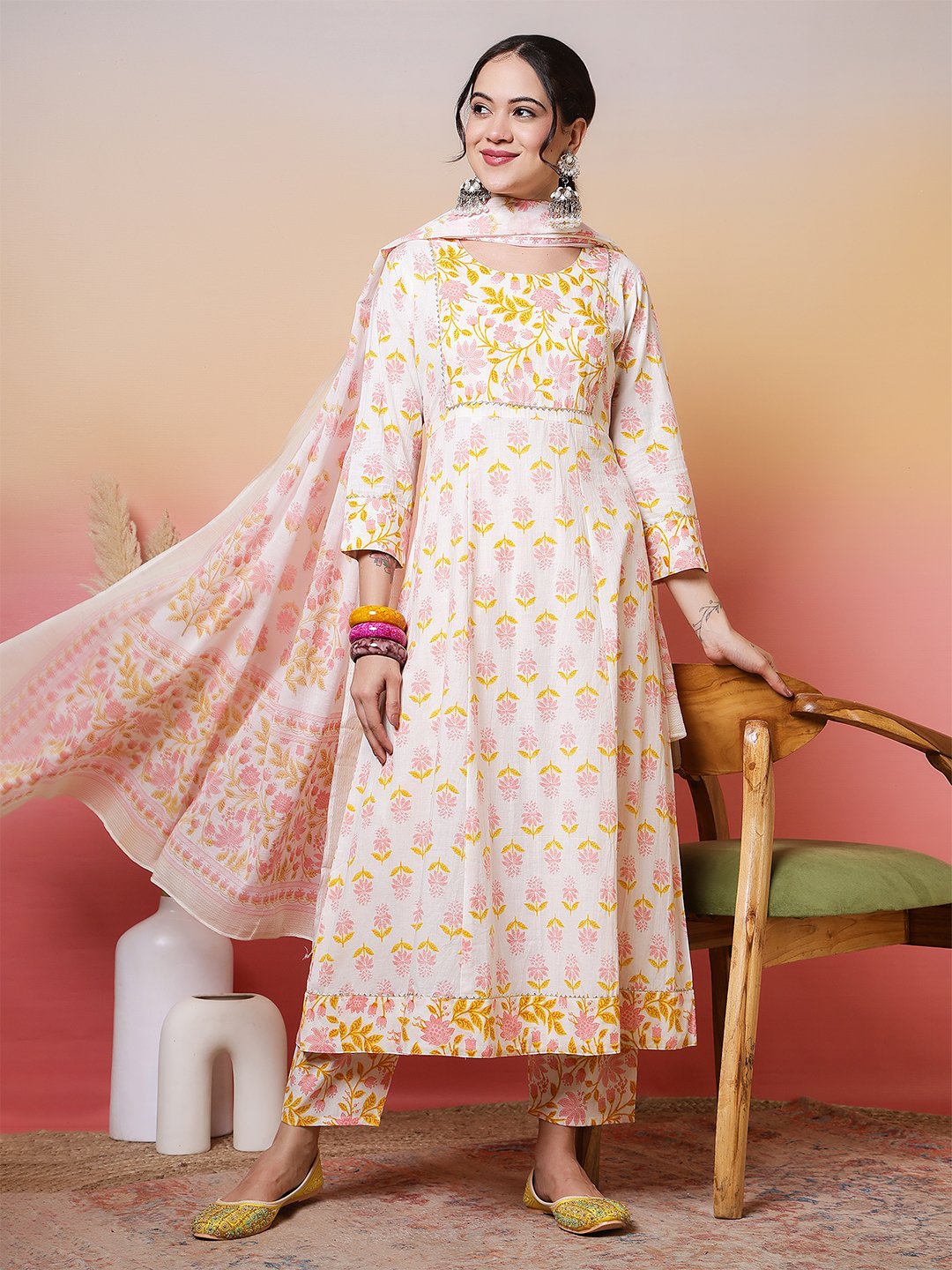 soft white and pastel pink yellow floral block print anarkali suit set