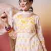 soft white and pastel pink yellow floral block print anarkali suit set