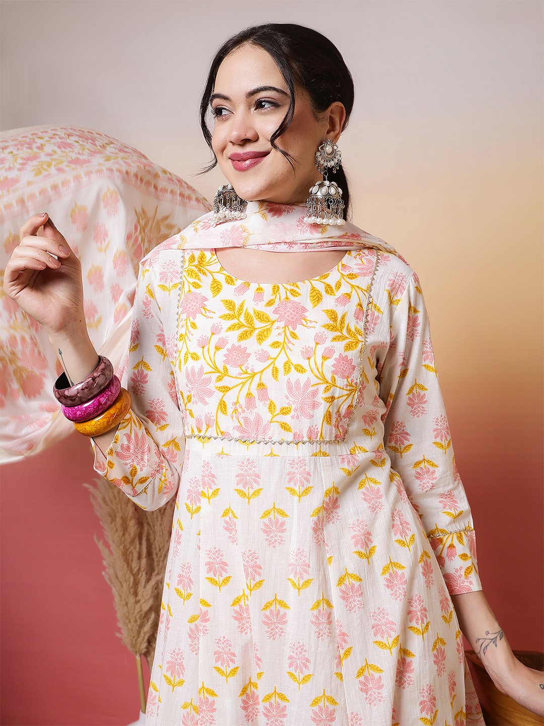 soft white and pastel pink yellow floral block print anarkali suit set