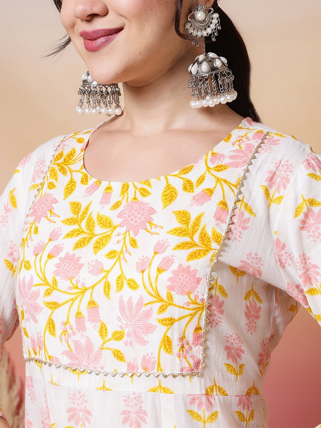 soft white and pastel pink yellow floral block print anarkali suit set