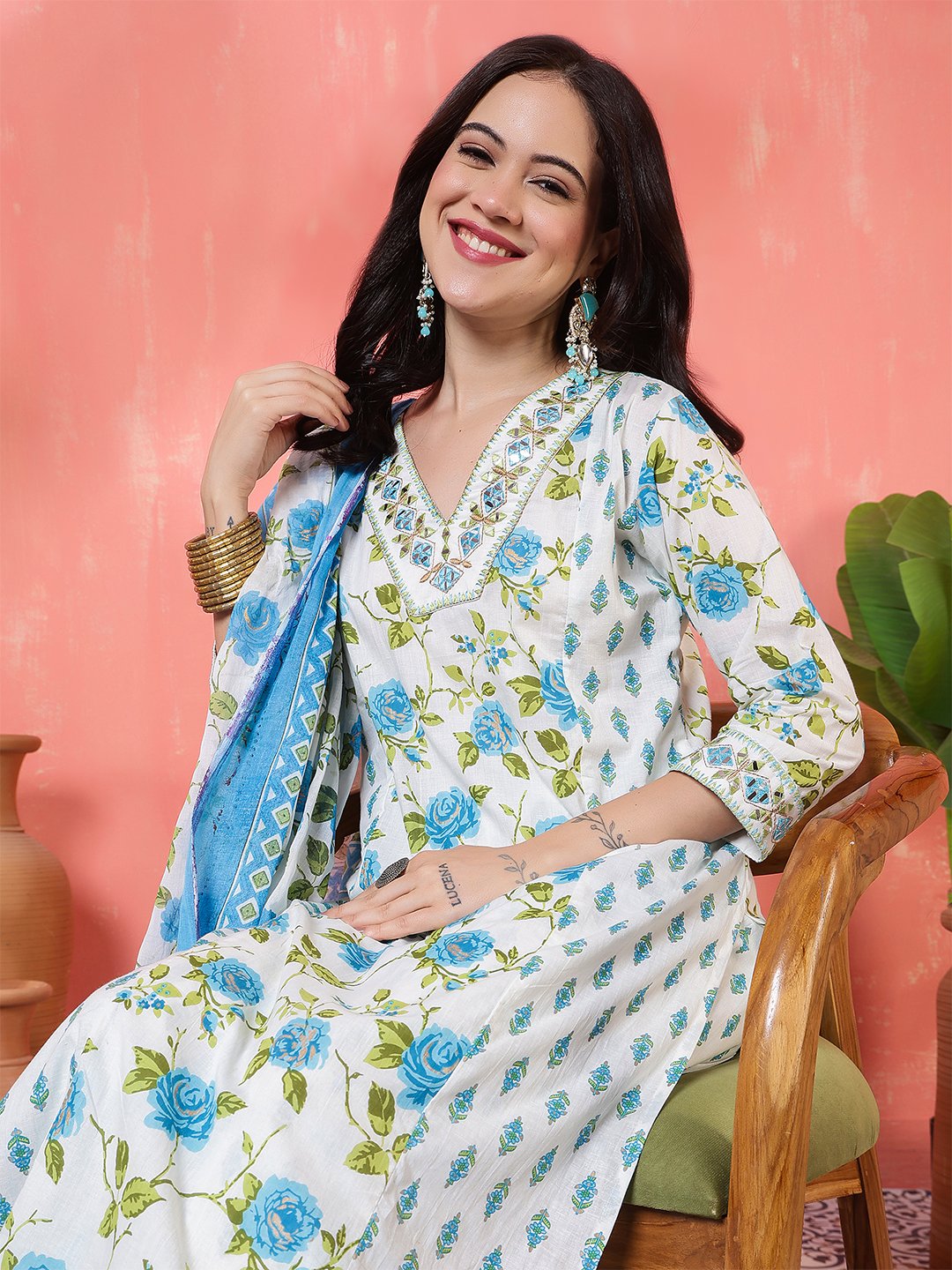 fresh white and sky blue rose floral print salwar suit set