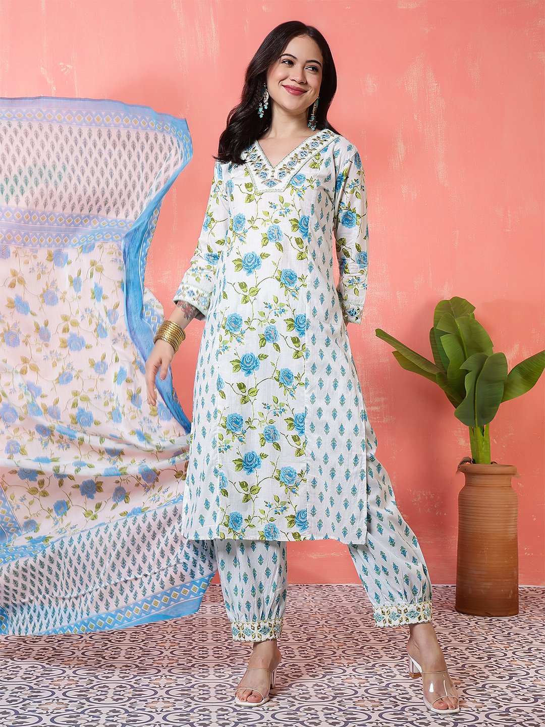 fresh white and sky blue rose floral print salwar suit set