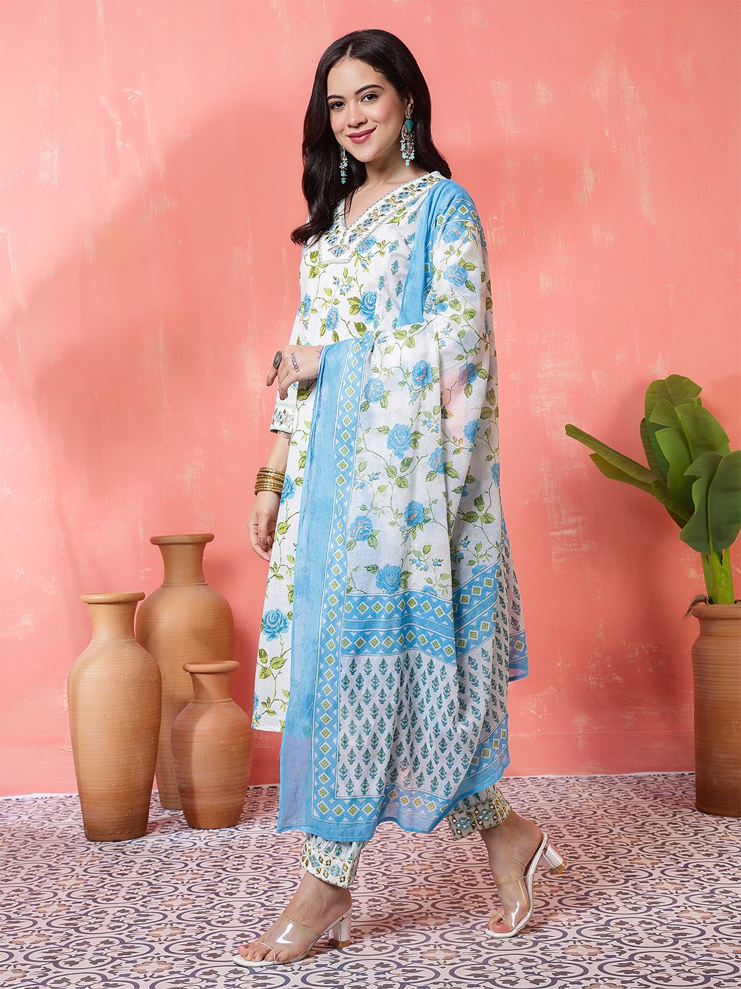 fresh white and sky blue rose floral print salwar suit set