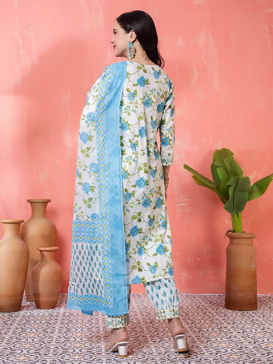 fresh white and sky blue rose floral print salwar suit set