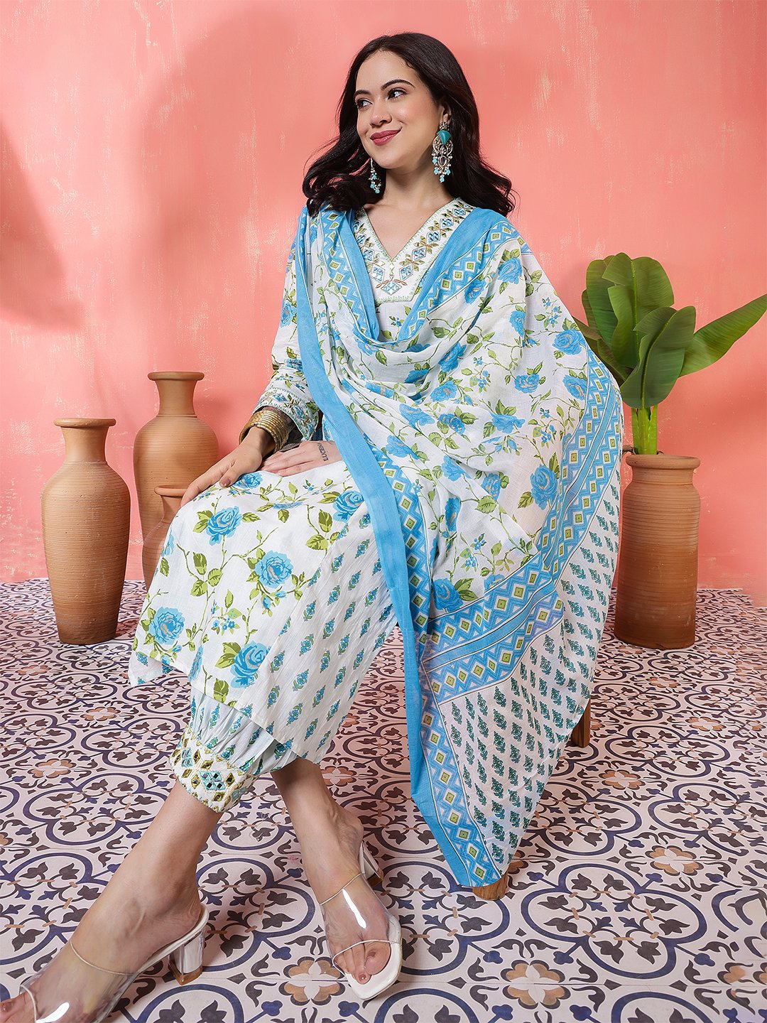 fresh white and sky blue rose floral print salwar suit set