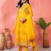 bright yellow angrakha style printed cotton suit set