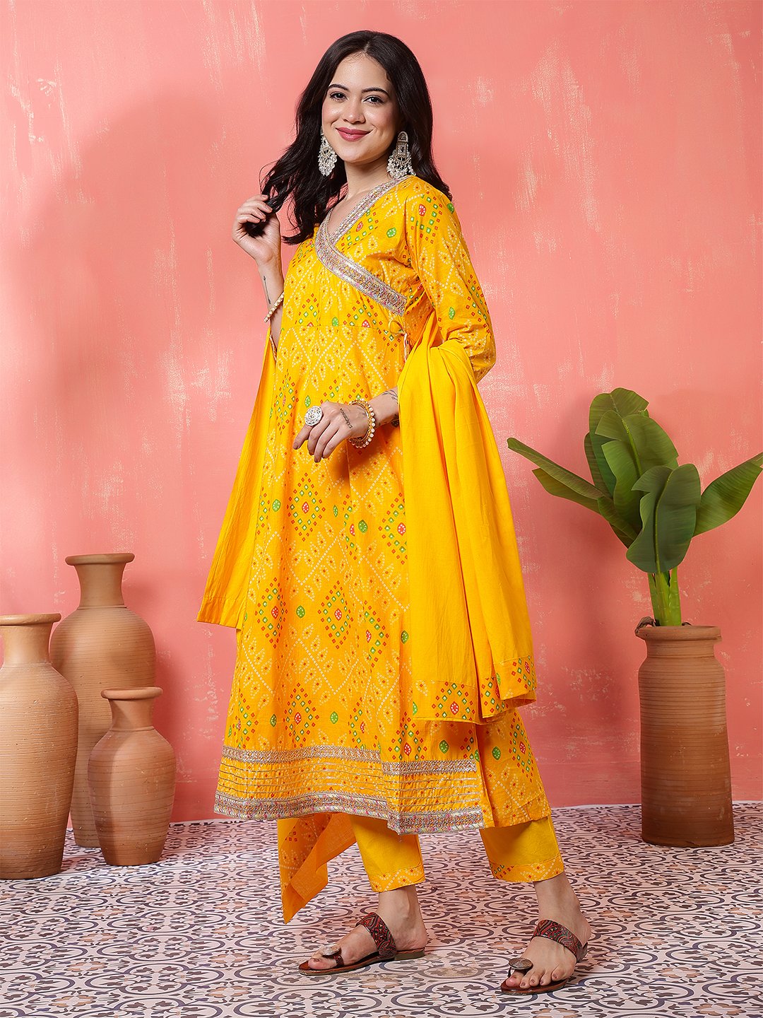 bright yellow angrakha style printed cotton suit set