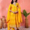 bright yellow angrakha style printed cotton suit set