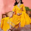 bright yellow angrakha style printed cotton suit set