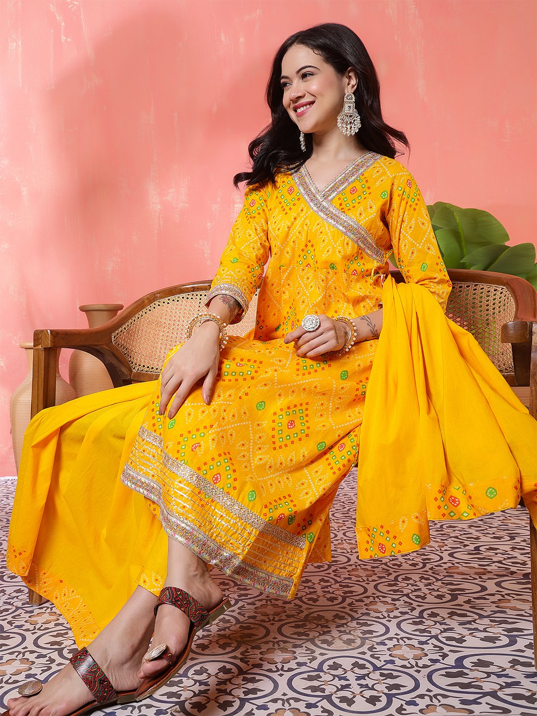 bright yellow angrakha style printed cotton suit set