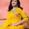 bright yellow angrakha style printed cotton suit set