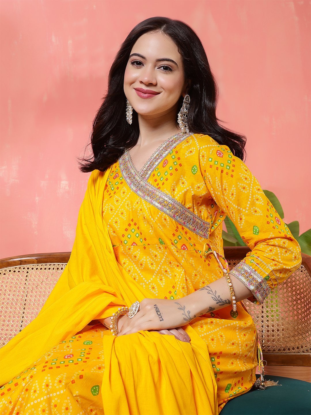 bright yellow angrakha style printed cotton suit set