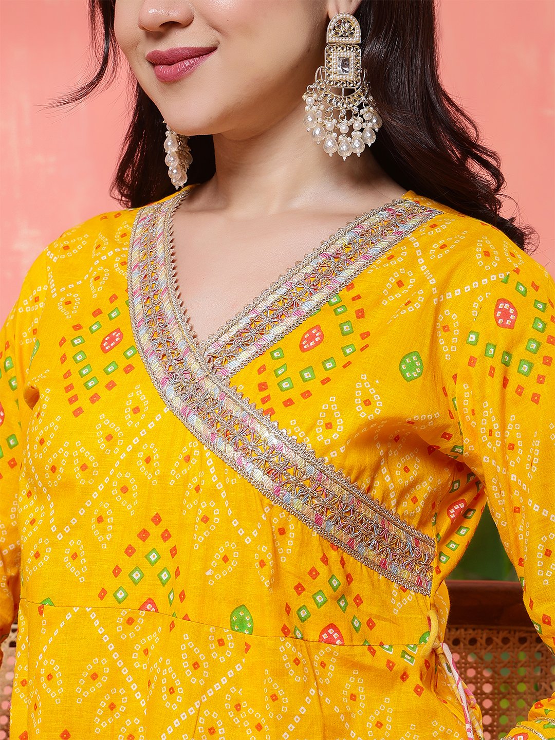 bright yellow angrakha style printed cotton suit set