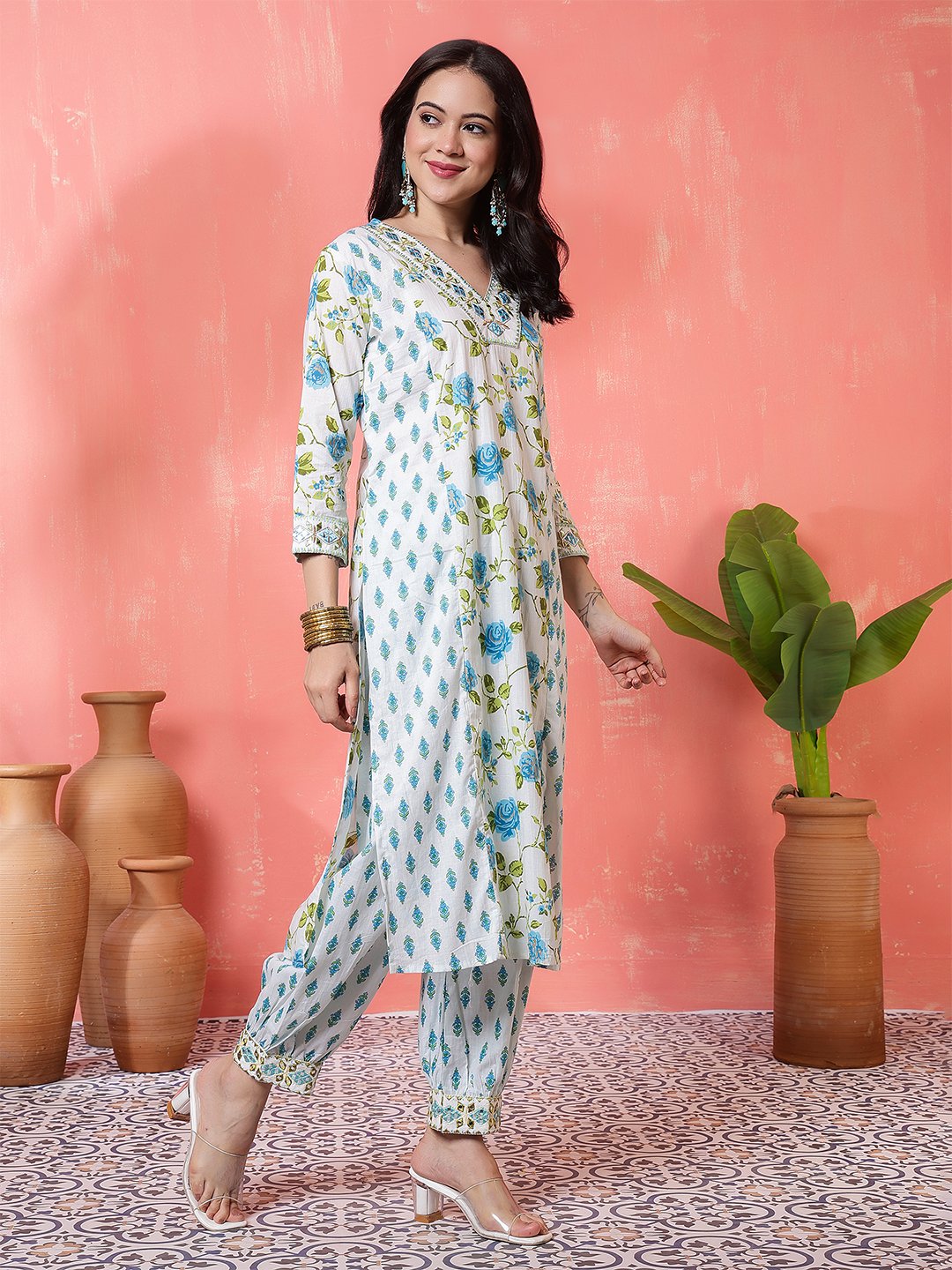 fresh white and sky blue rose floral print salwar suit set