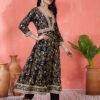 regal black anarkali suit set with gold foliage print and metallic trim