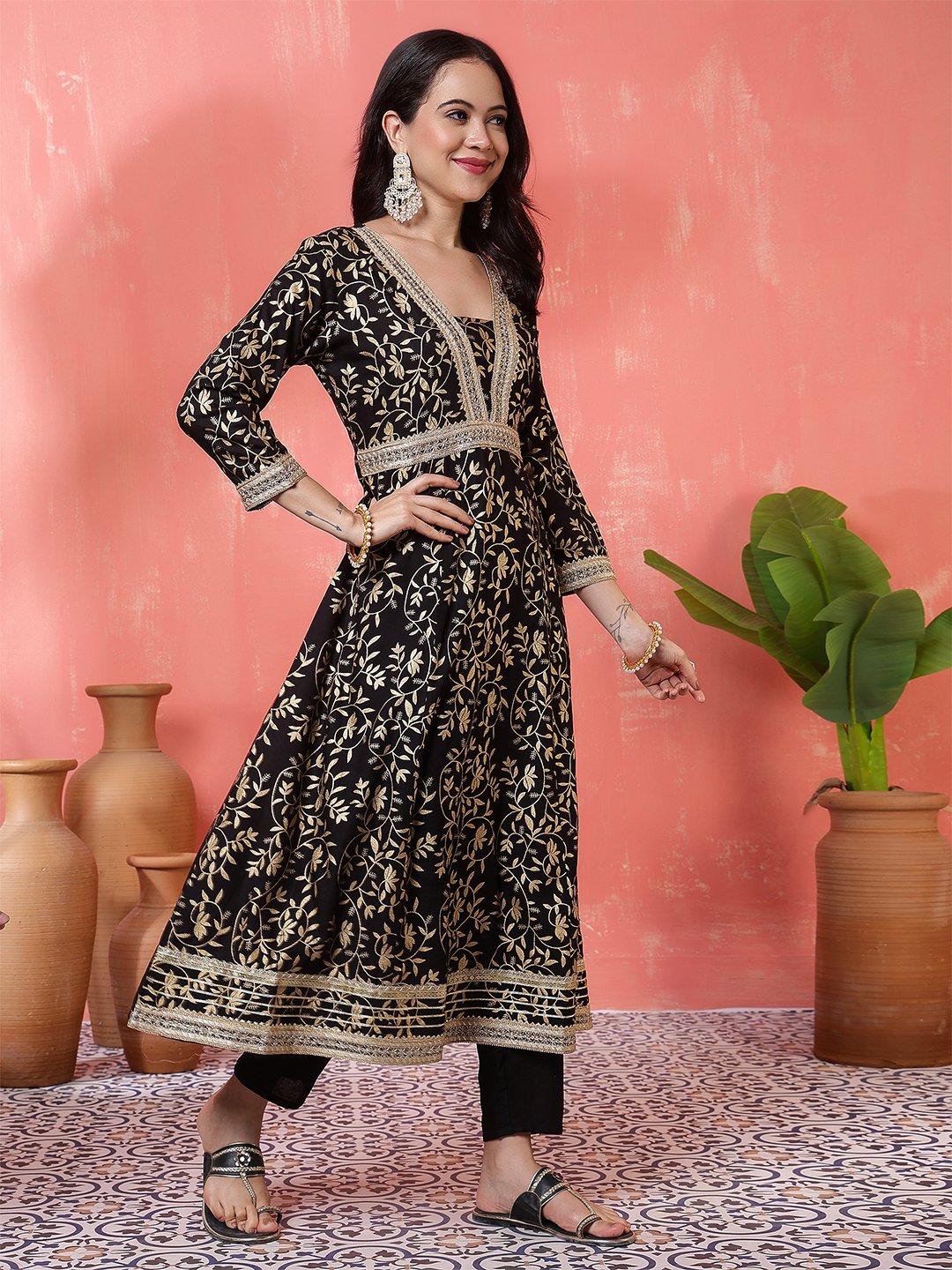regal black anarkali suit set with gold foliage print and metallic trim