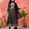 regal black anarkali suit set with gold foliage print and metallic trim