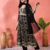 regal black anarkali suit set with gold foliage print and metallic trim