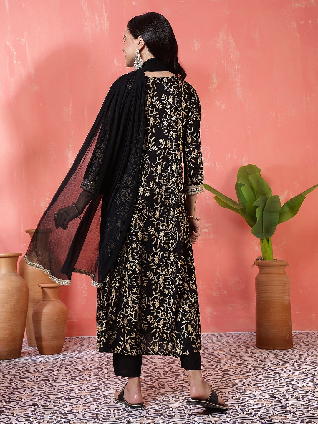 regal black anarkali suit set with gold foliage print and metallic trim