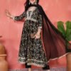 regal black anarkali suit set with gold foliage print and metallic trim