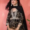 regal black anarkali suit set with gold foliage print and metallic trim