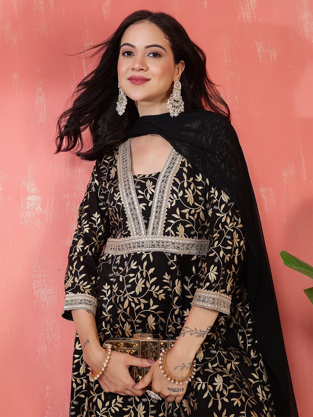 regal black anarkali suit set with gold foliage print and metallic trim