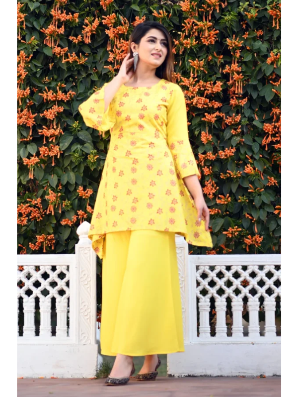 yellow viscose rayon floral print kurti sharara set for women