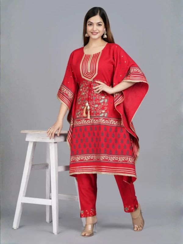red viscose rayon printed kaftan kurta pant set for women