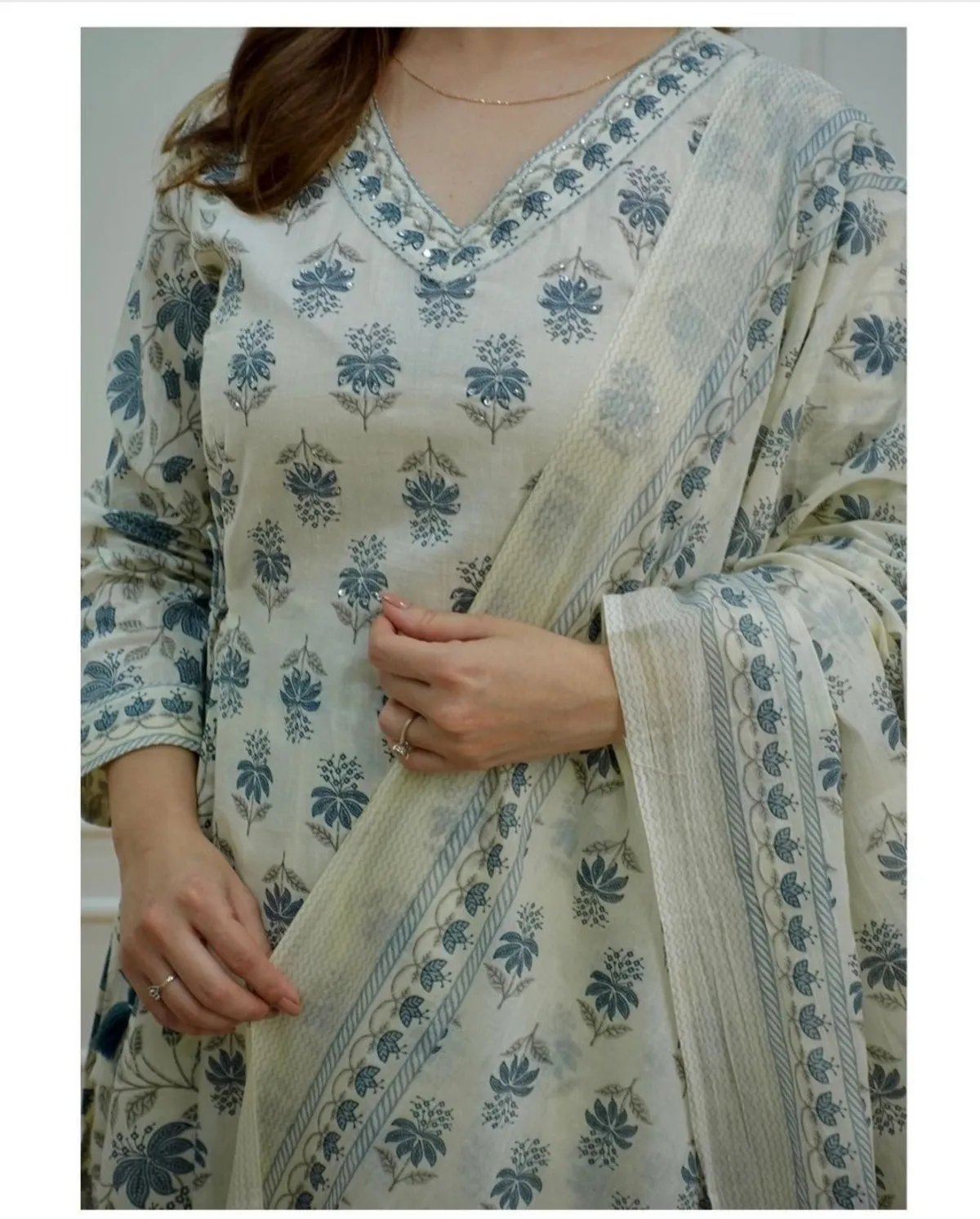 white cotton blend printed kurta salwar set for women