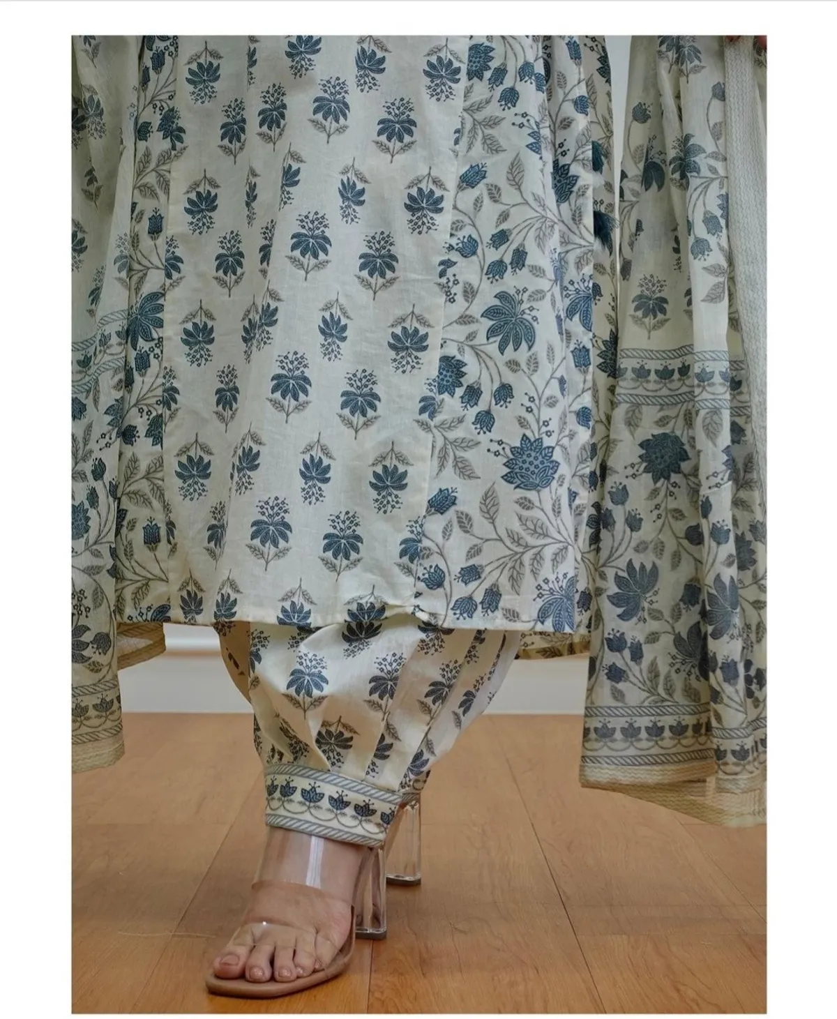 white cotton blend printed kurta salwar set for women