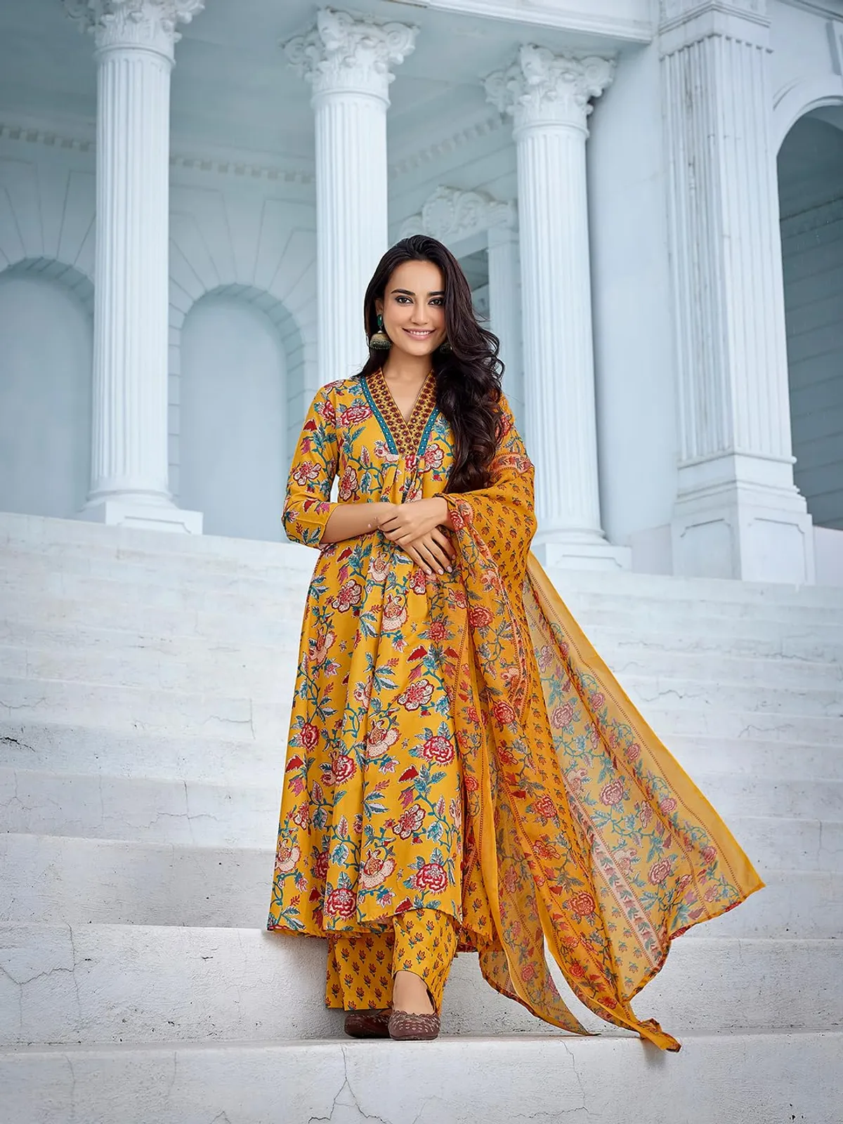 yellow cotton kurta plazzo dupatta sets