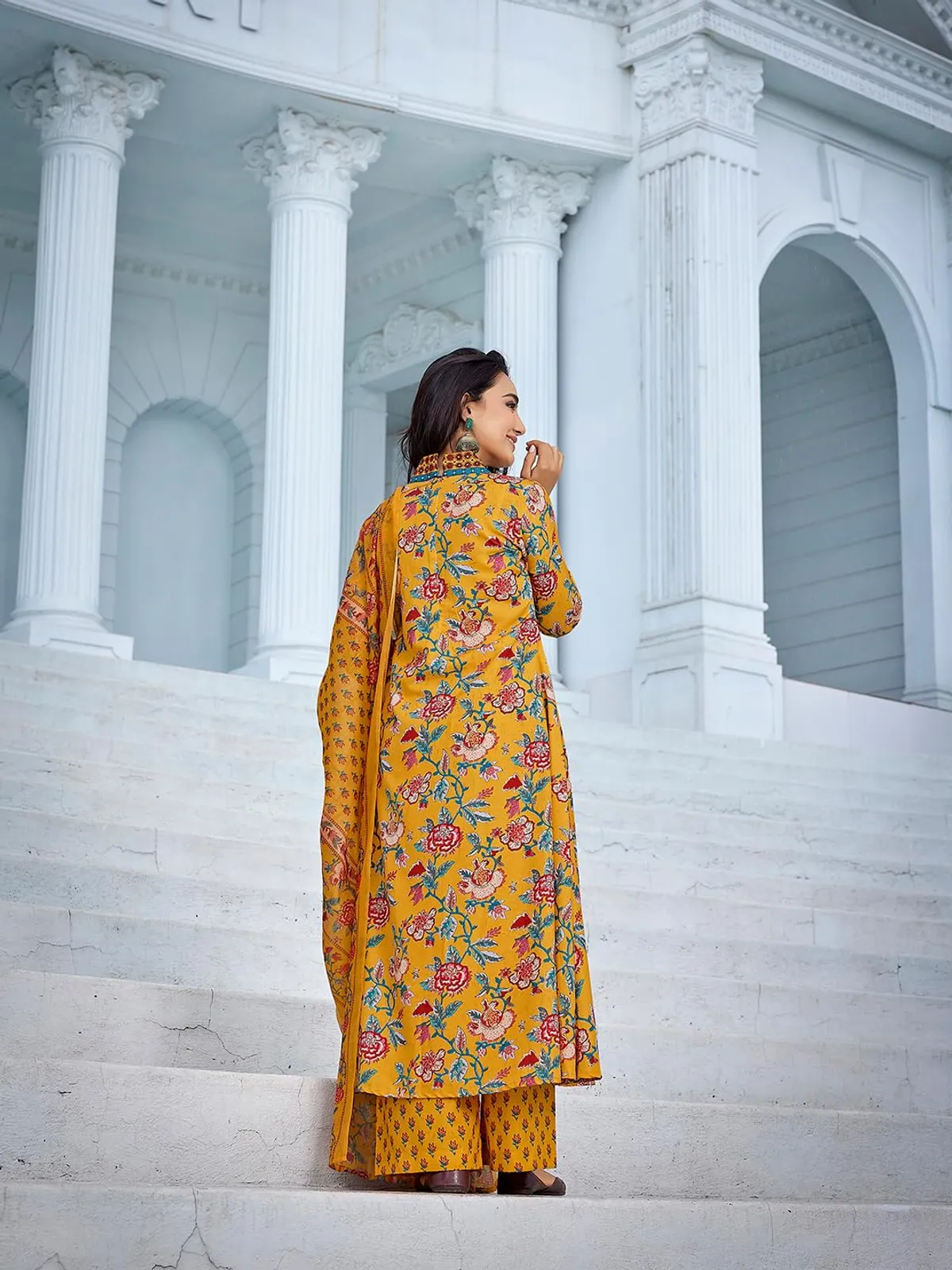 yellow cotton kurta plazzo dupatta sets