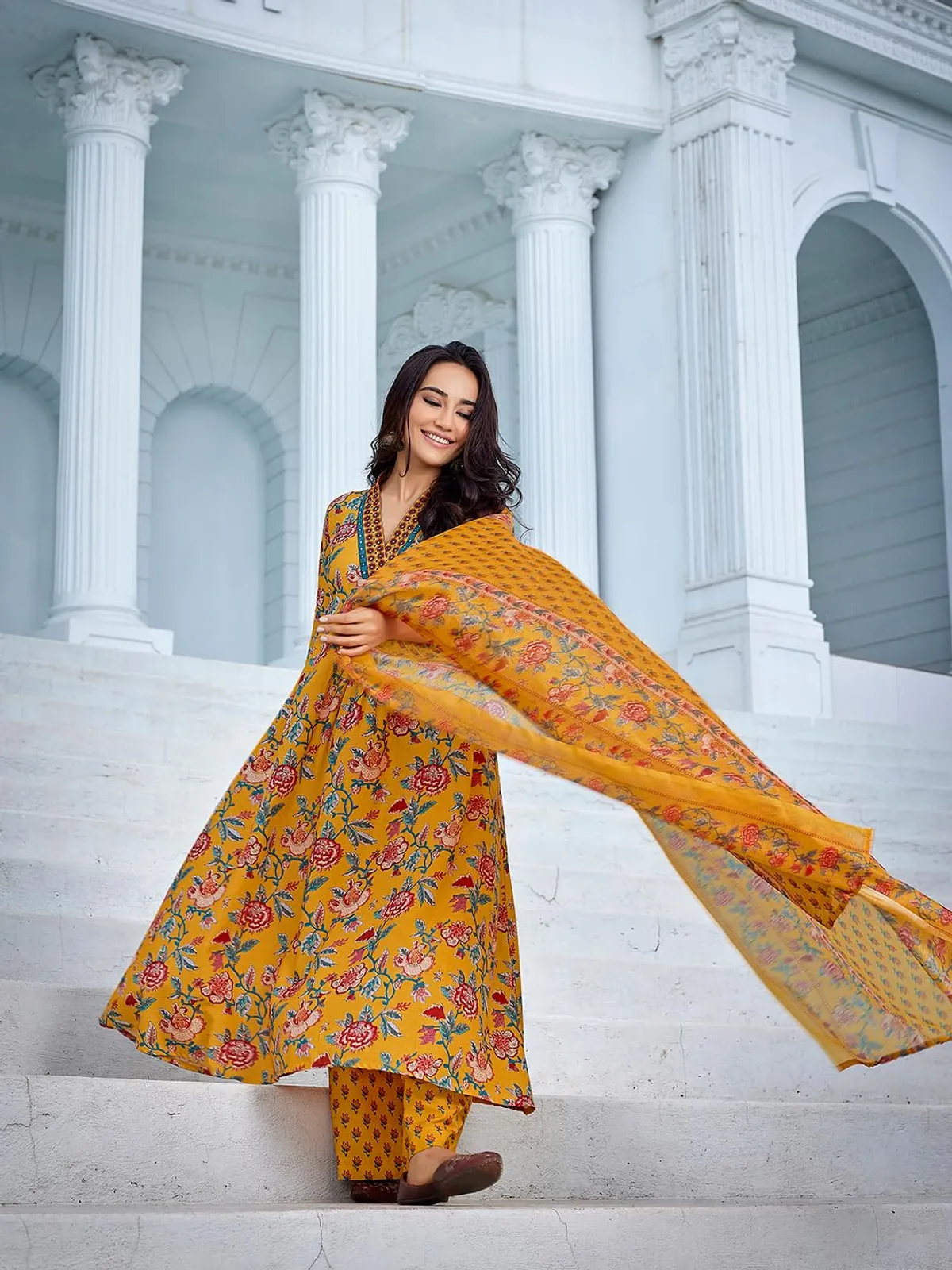 yellow cotton kurta plazzo dupatta sets