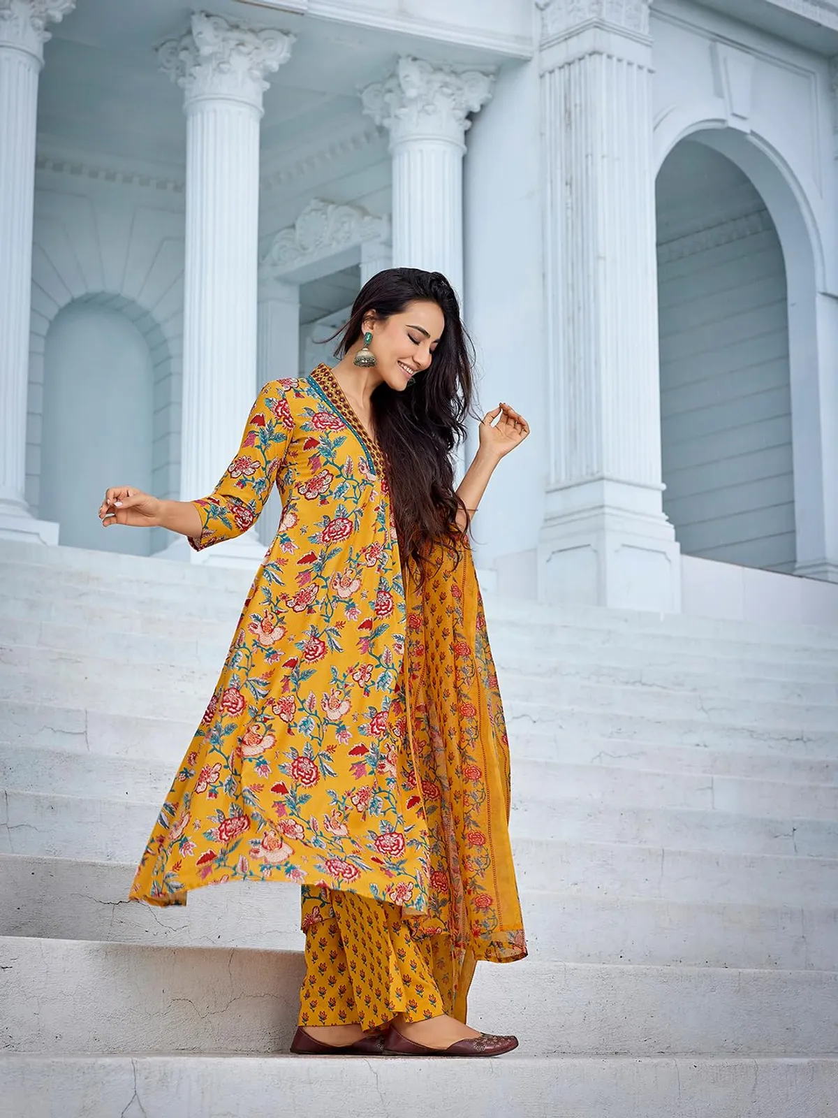 yellow cotton kurta plazzo dupatta sets