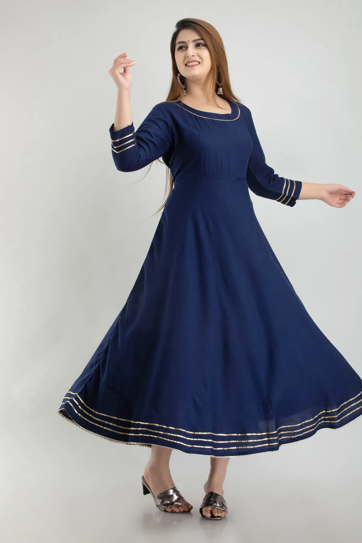 dark blue viscose rayon striped a line kurta for women