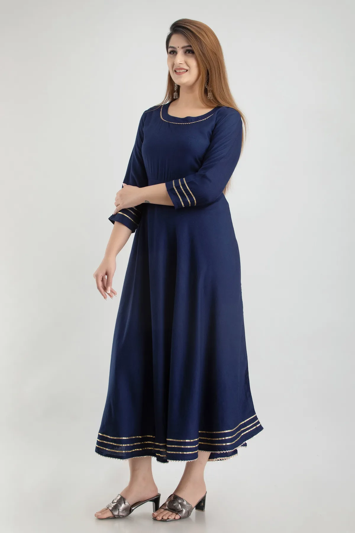 dark blue viscose rayon striped a line kurta for women