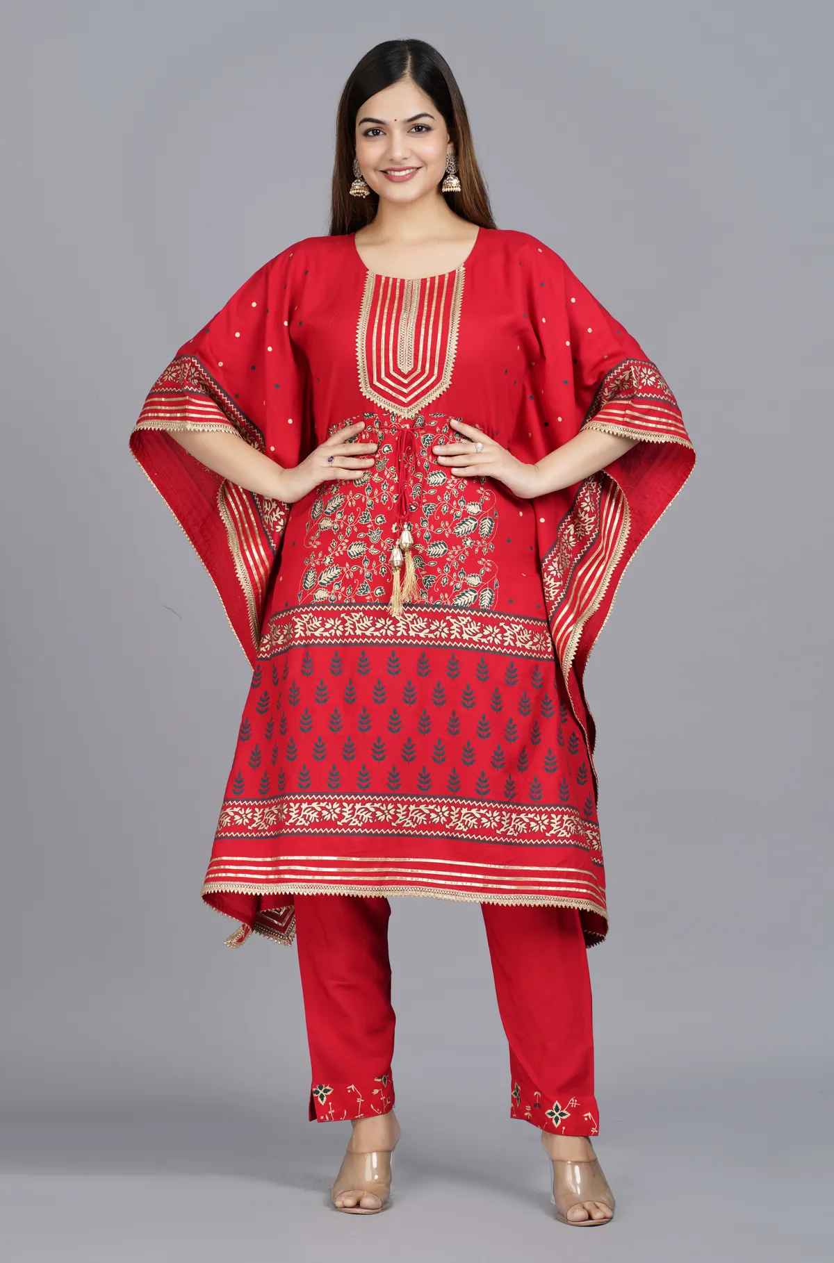 red viscose rayon printed kaftan pant set for women