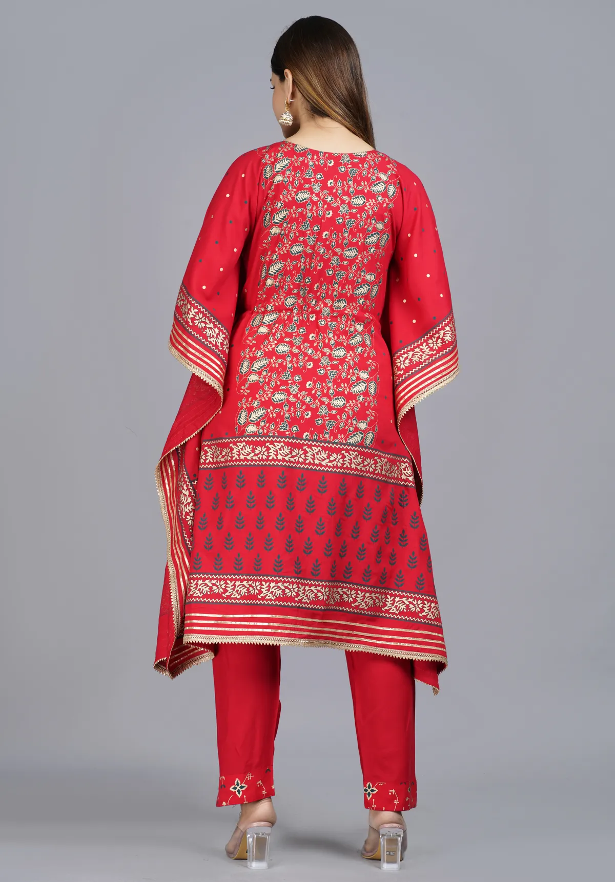 red viscose rayon printed kaftan pant set for women