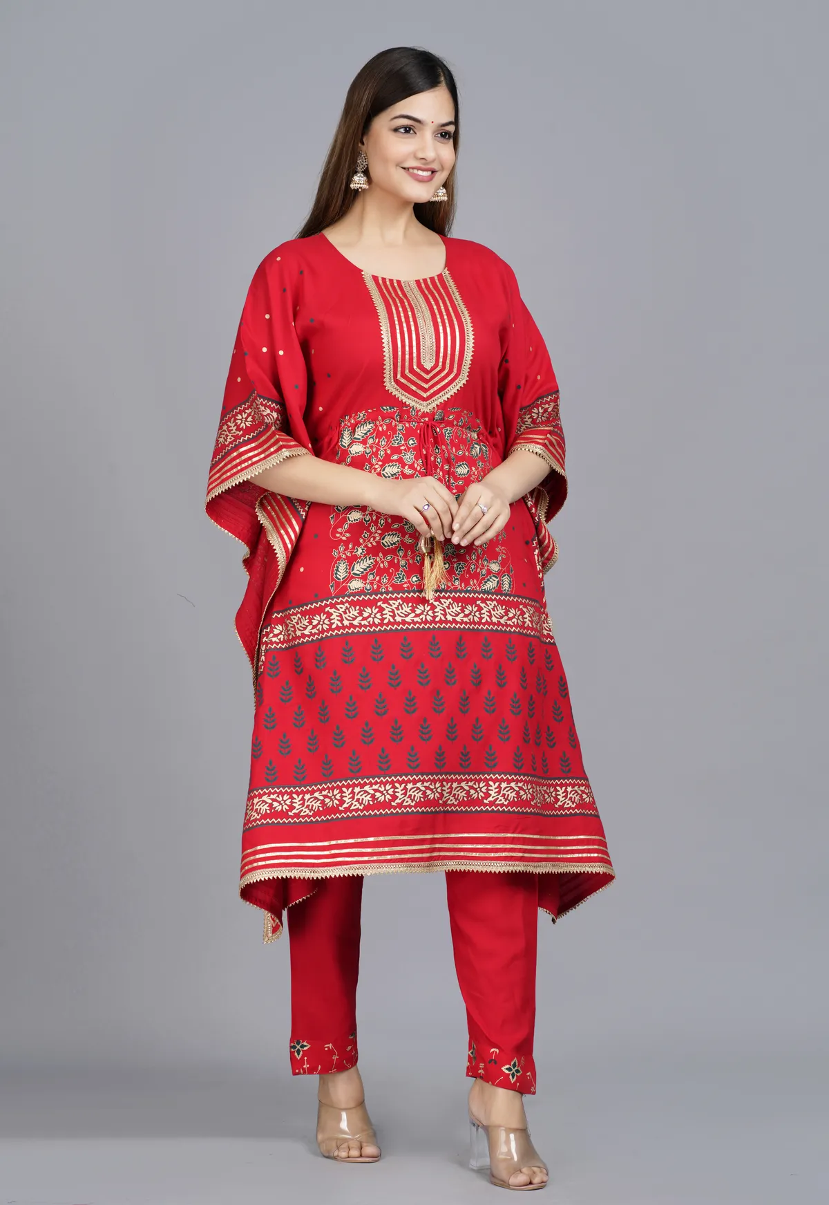red viscose rayon printed kaftan pant set for women