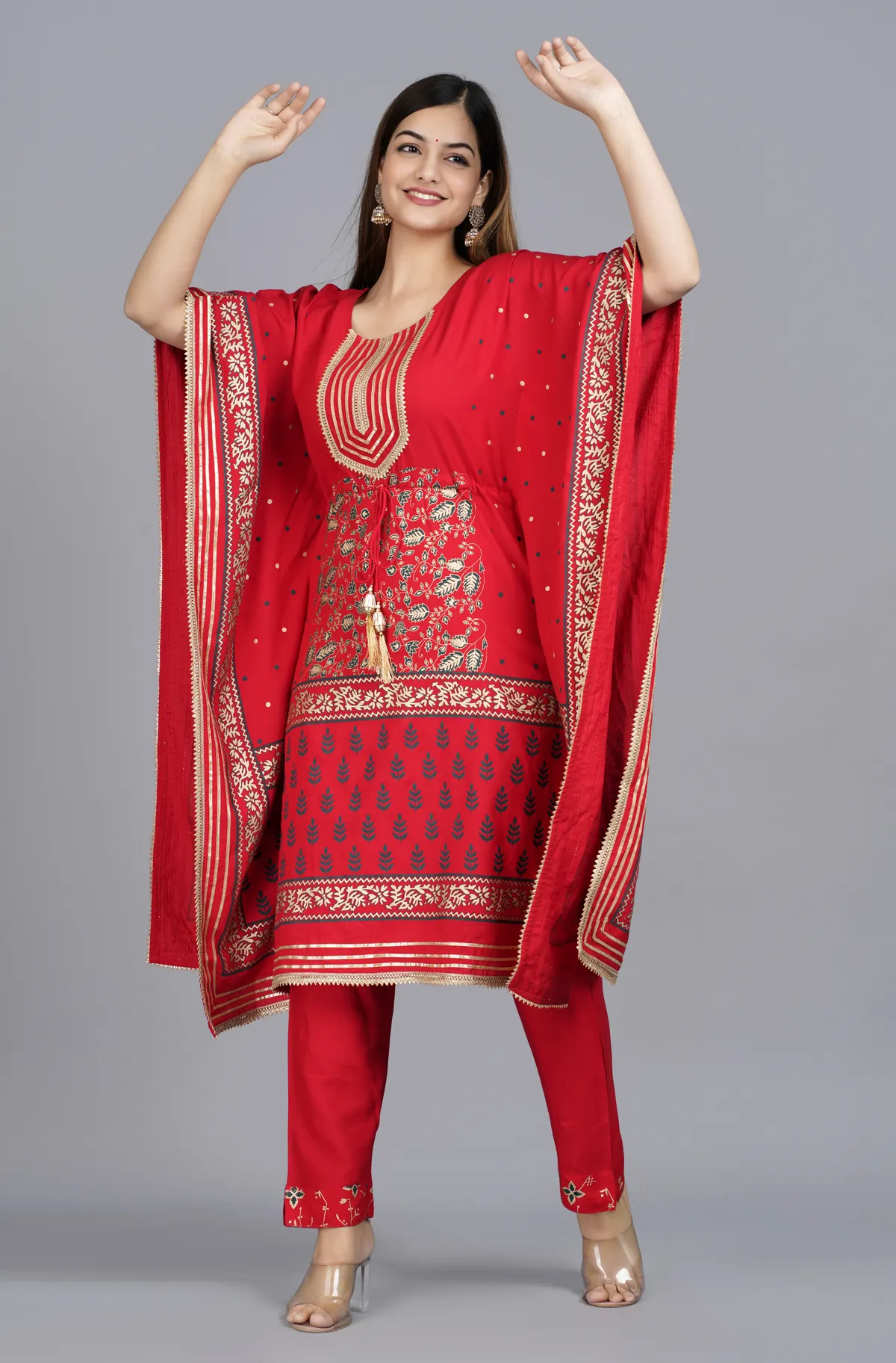red viscose rayon printed kaftan pant set for women