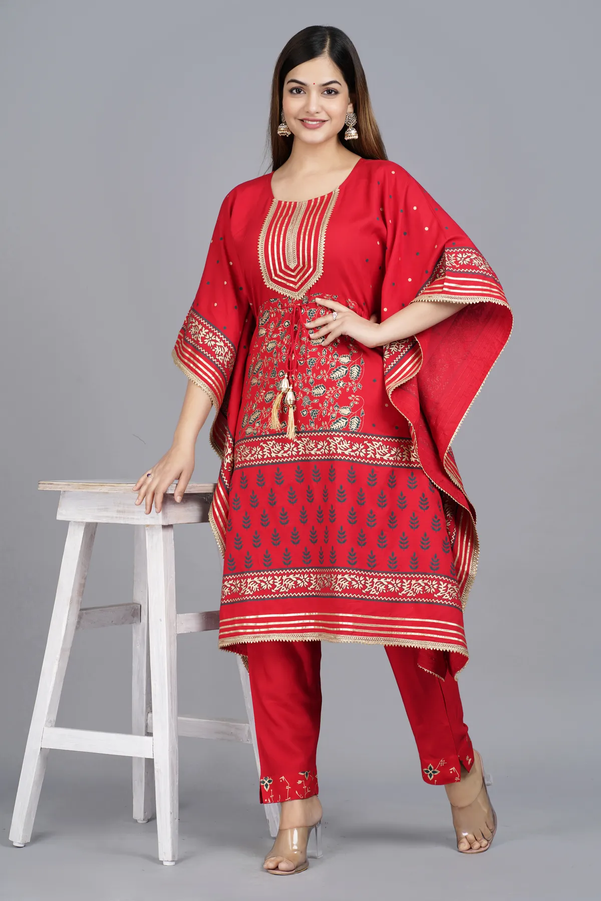 red viscose rayon printed kaftan pant set for women