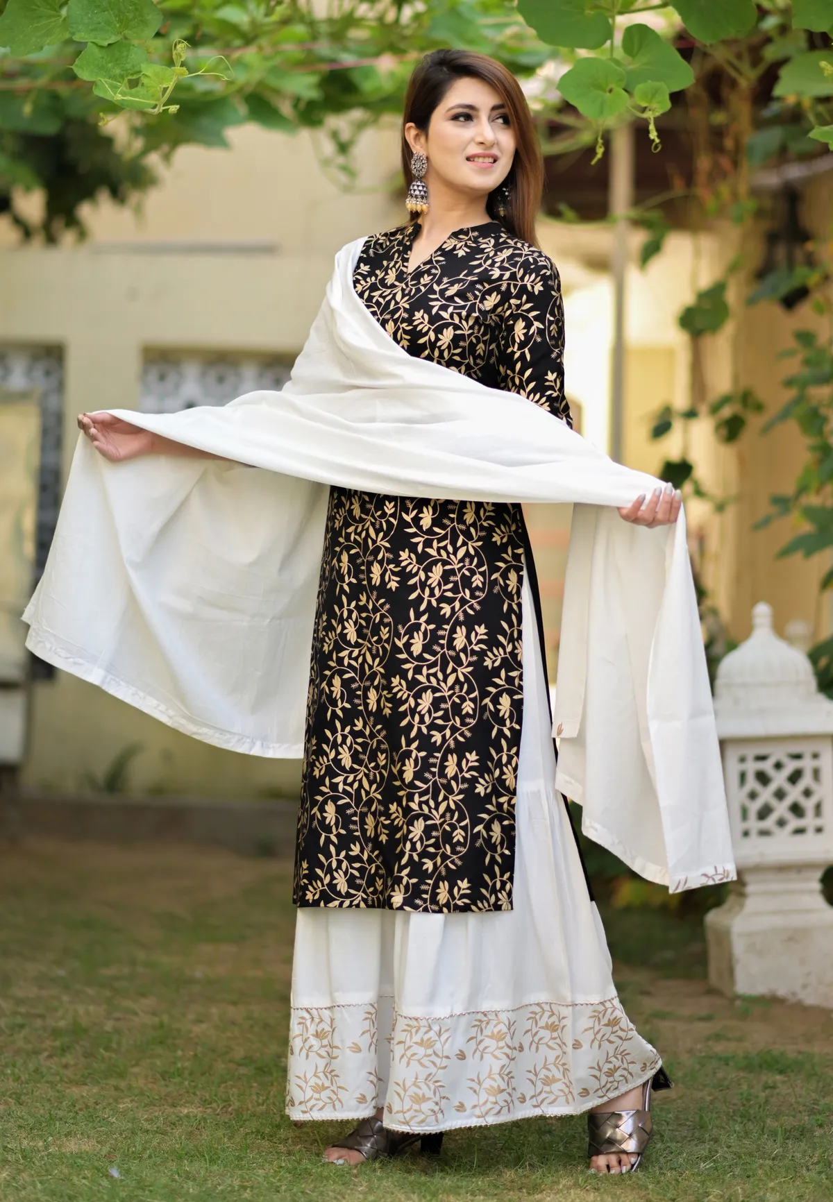 black viscose rayon printed kurta sharara set for women