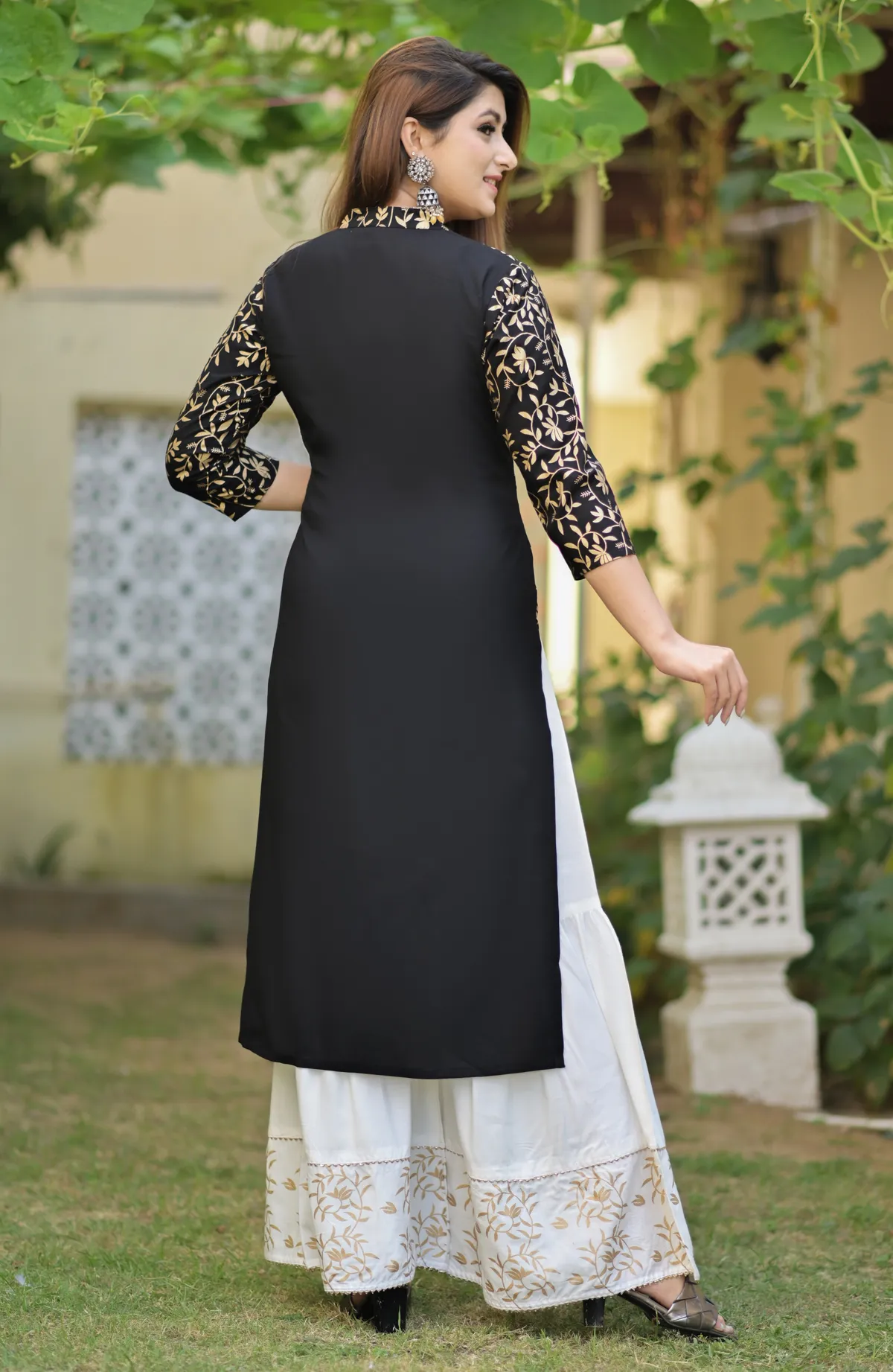 black viscose rayon printed kurta sharara set for women