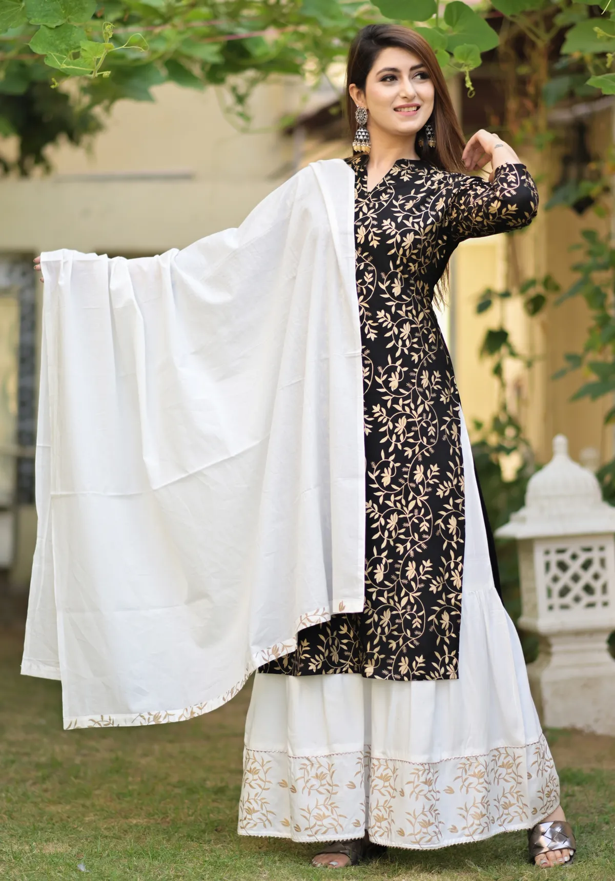 black viscose rayon printed kurta sharara set for women