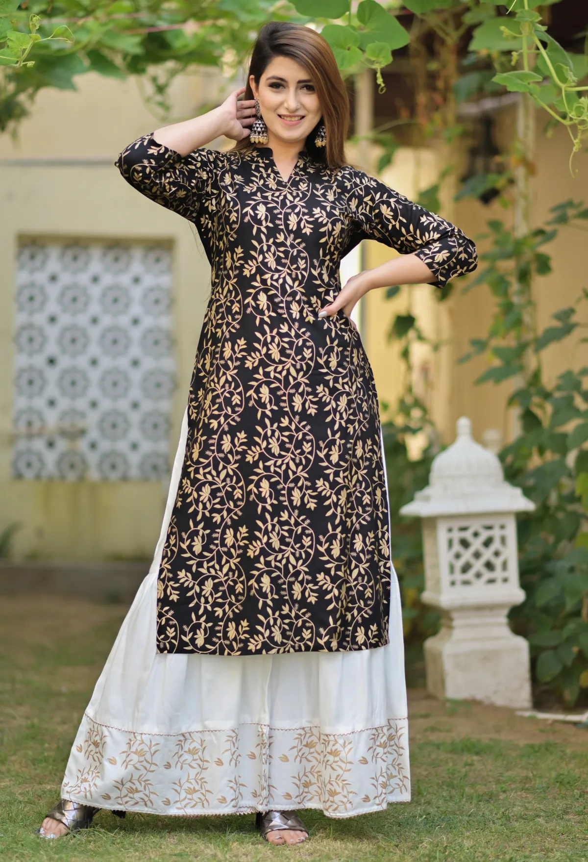 black viscose rayon printed kurta sharara set for women