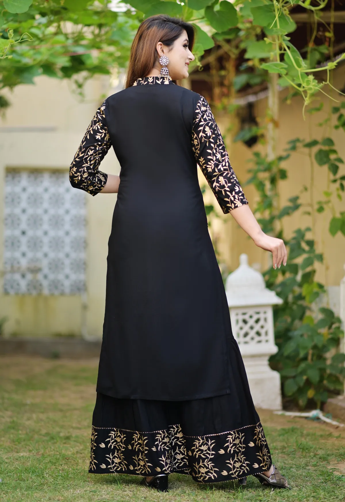 black viscose rayon printed kurta sharara set for women