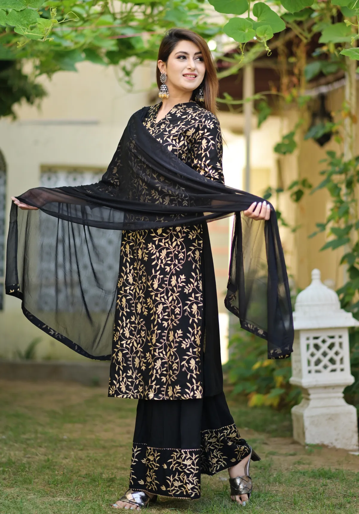 black viscose rayon printed kurta sharara set for women