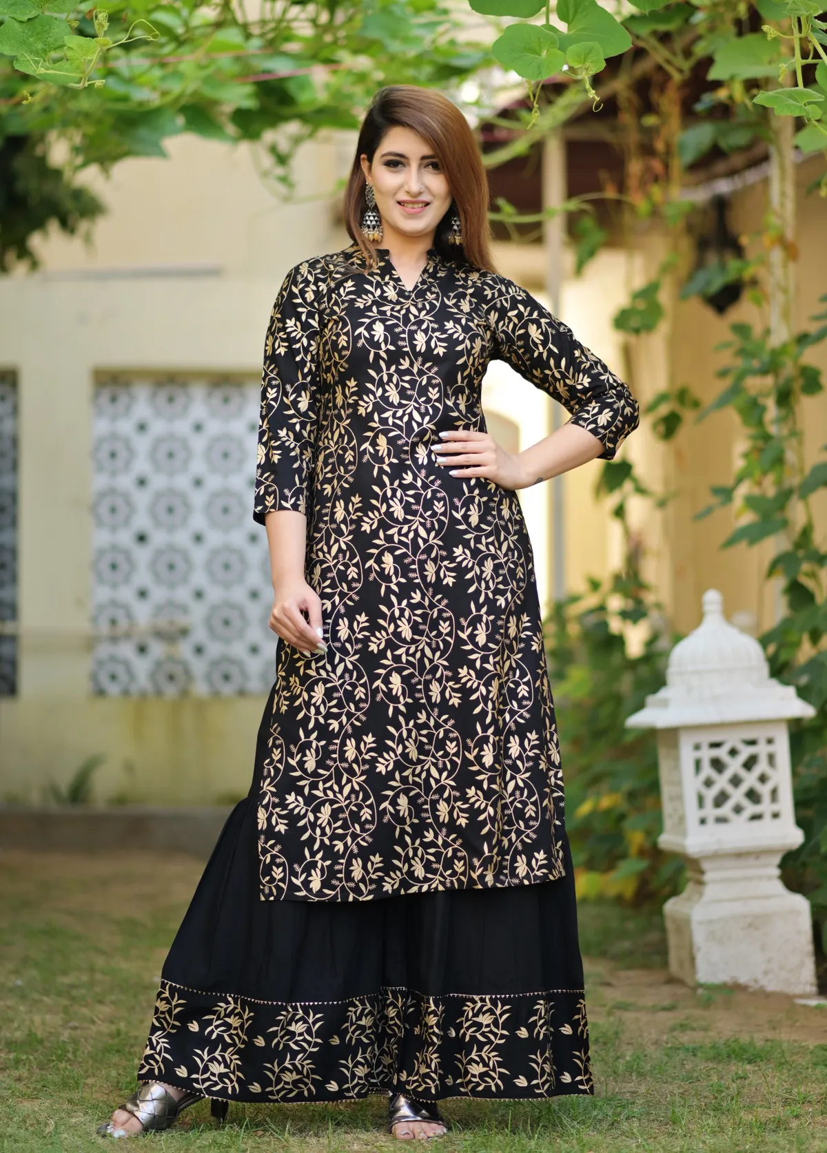 black viscose rayon printed kurta sharara set for women