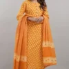 orange cotton blend printed kurta pant set for women